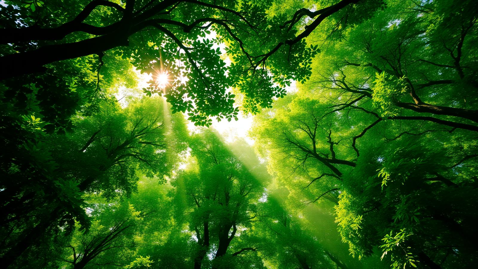 Sunlight streaming through a vibrant green forest canopy