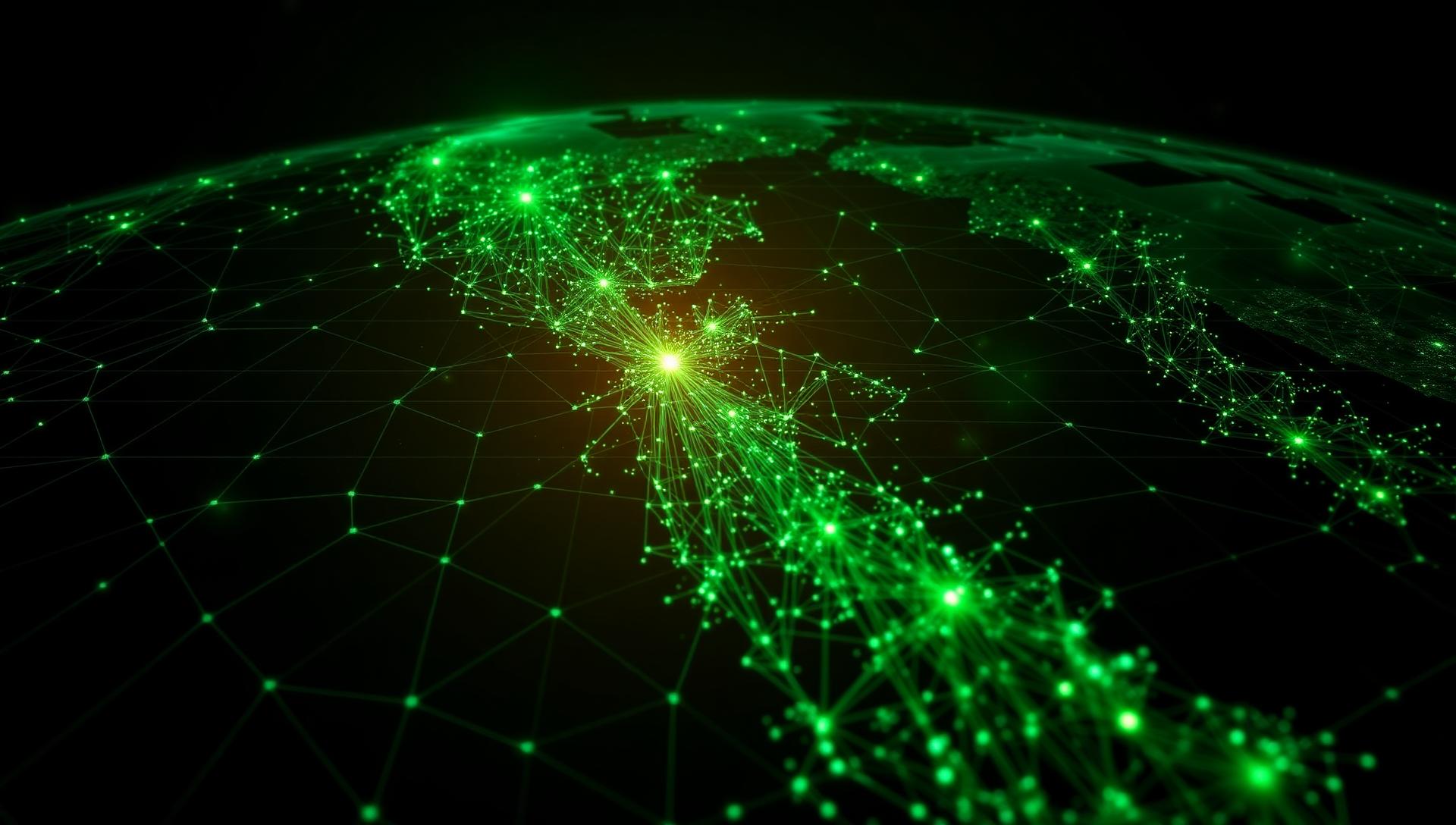 Glowing global carbon-intelligence network rendered as a green data grid
